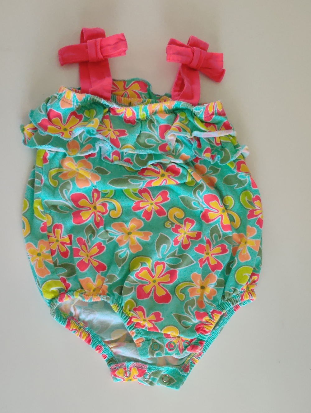 Turquoise Floral Baby Romper One-Piece with Pink Bow Straps - 6M